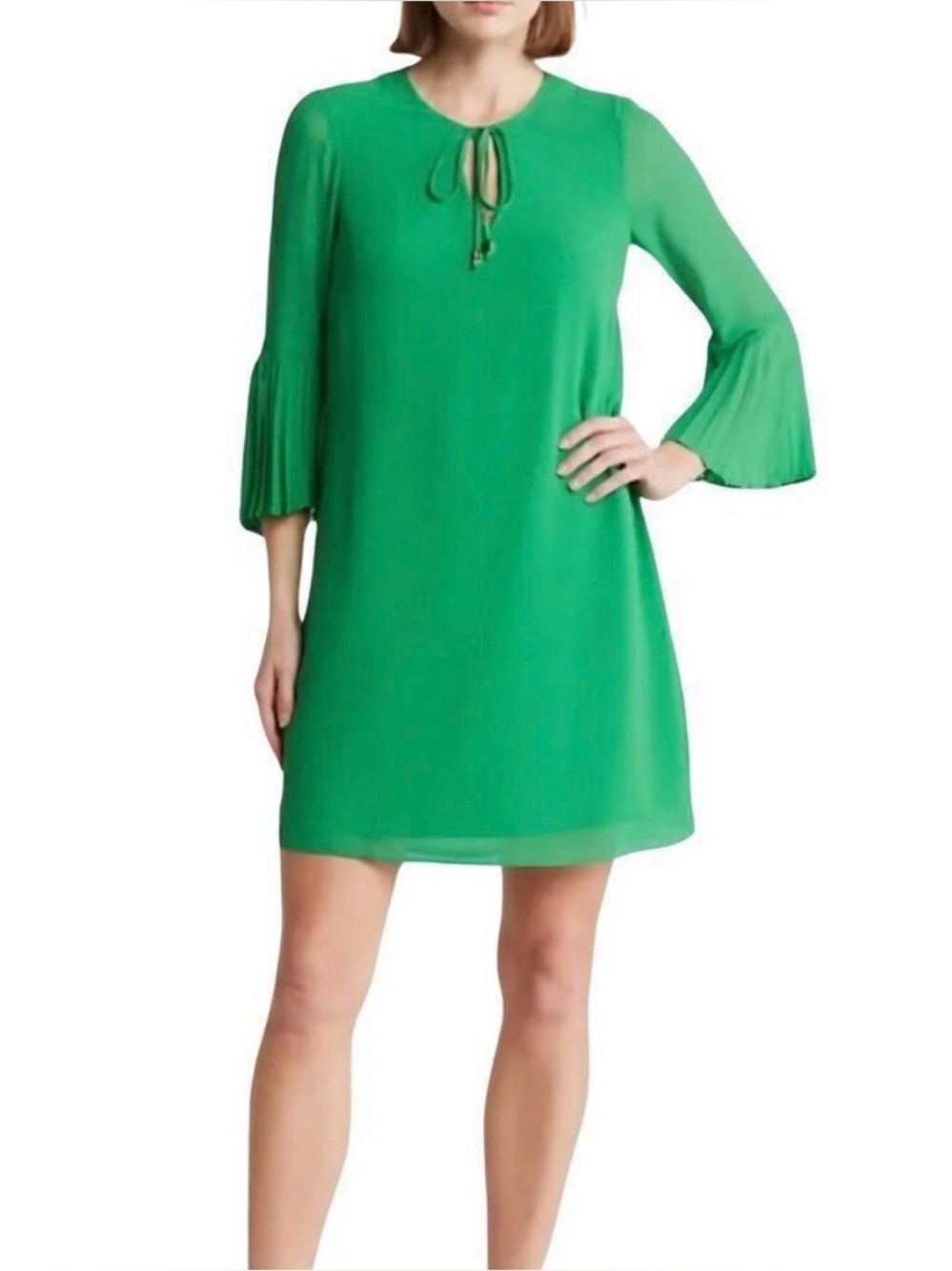 Vince Camuto Chiffon Pleated Bell Sleeve Shift Dress in Apple Green Size 4